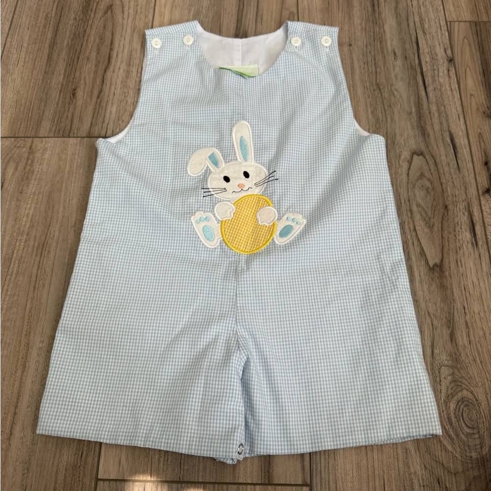 Be Mine Blue Gingham Baby Romper with Bunny Design Sz 24 months